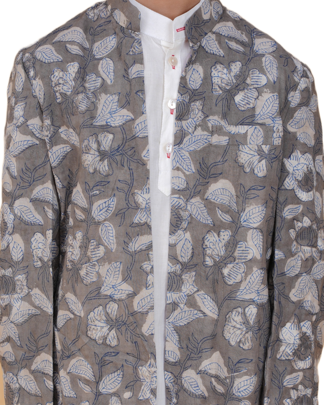 Boys White Kurta Pajama with Eco-Friendly Grey Long Jacket – Sustainable Ethnic Wear