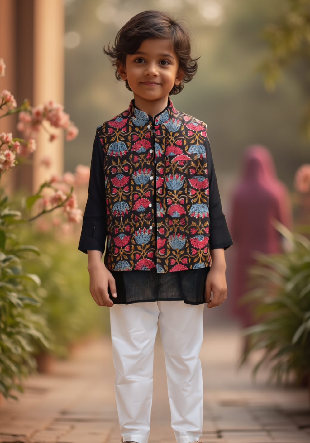 Boys Ethnic Outfit Set – Black Kurta, White Pajama & Multicolor Printed Nehru Jacket Festive Wear for Boys