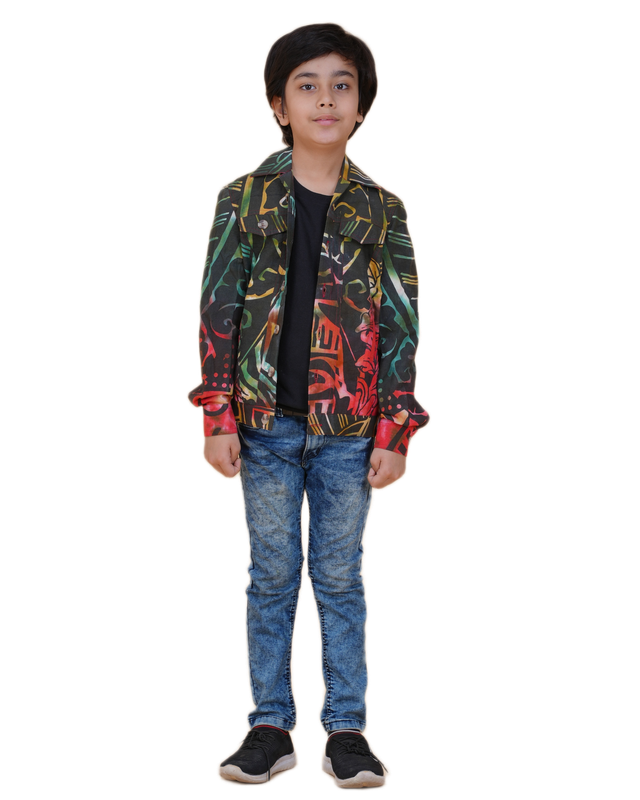 Boys Multicolor Printed Denim Jacket | Denim Style Stitching | Buddha Face Back Design