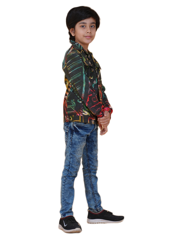 Boys Multicolor Printed Denim Jacket | Denim Style Stitching | Buddha Face Back Design