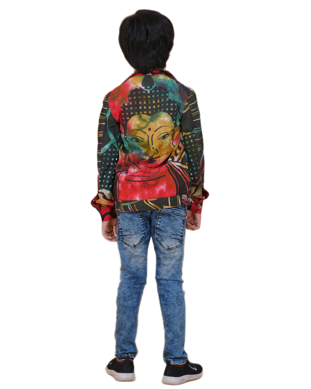 Boys Multicolor Printed Denim Jacket | Denim Style Stitching | Buddha Face Back Design
