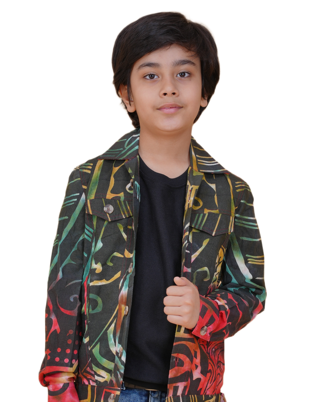 Boys Multicolor Printed Denim Jacket | Denim Style Stitching | Buddha Face Back Design