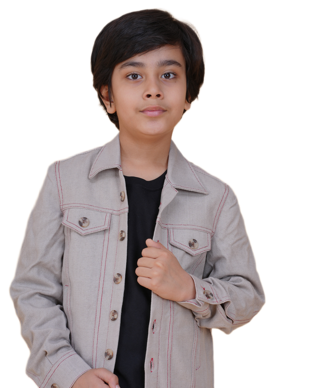 Boys Solid Grey Denim Style Cotton Jacket | Denim Style Stitching