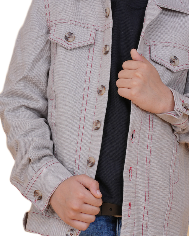 Boys Solid Grey Denim Style Cotton Jacket | Denim Style Stitching