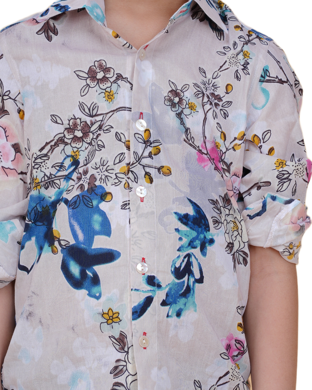 Hand-Printed Cotton Shirt – Vibrant Floral & Abstract Pattern