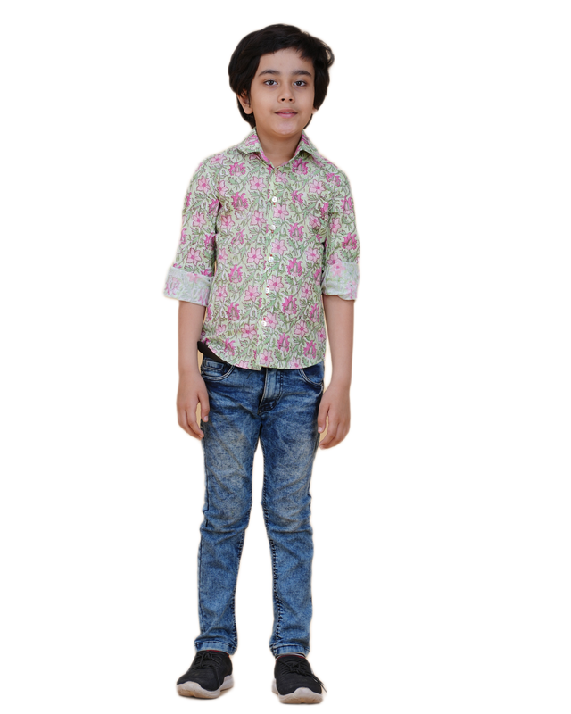 Hand Block Printed Cotton Shirt – Green Floral