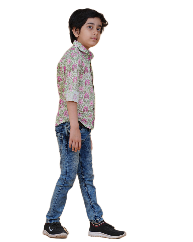 Hand Block Printed Cotton Shirt – Green Floral