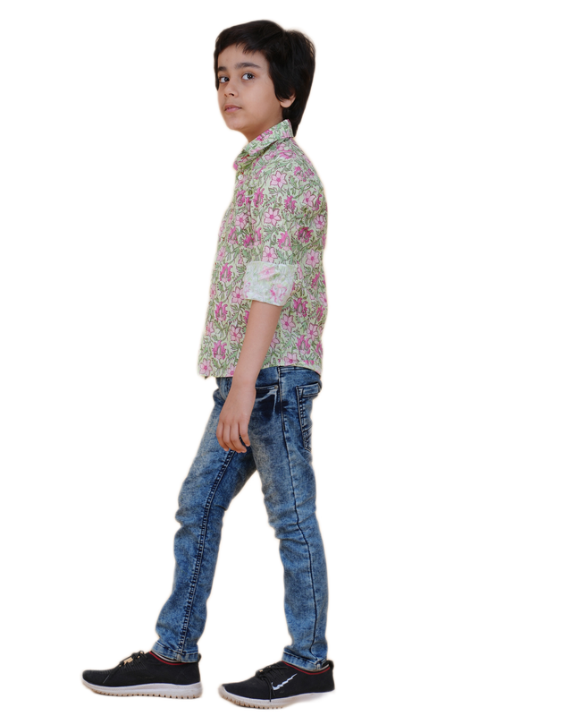 Hand Block Printed Cotton Shirt – Green Floral