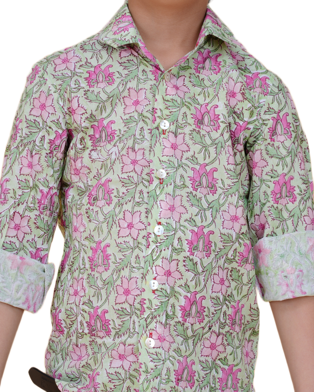 Hand Block Printed Cotton Shirt – Green Floral