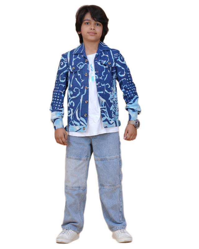 Boys cotton printed jacket in blue with denim-style stitching and Buddha face back design