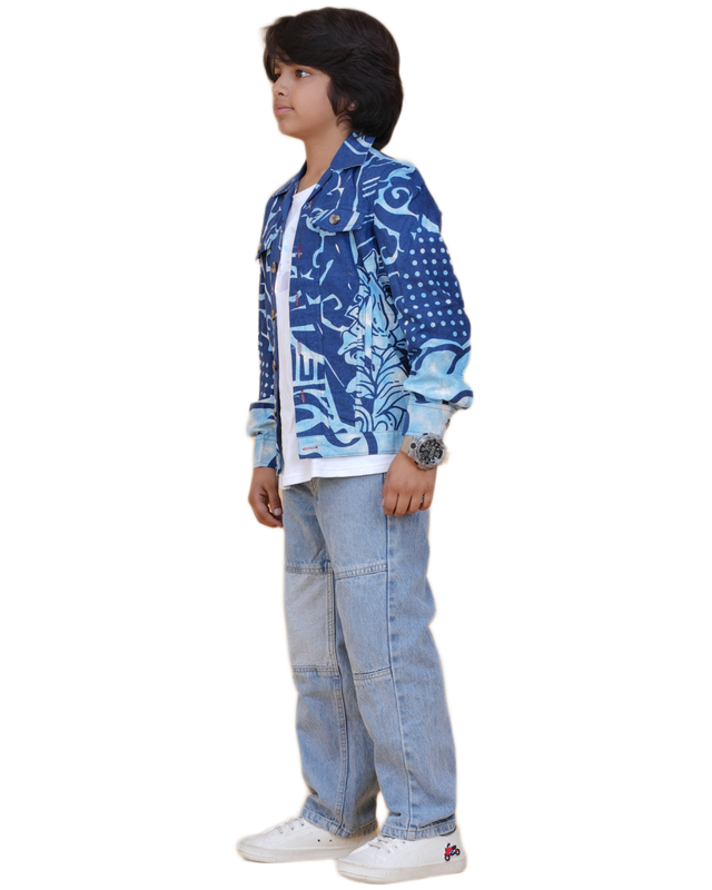 Boys cotton printed jacket in blue with denim-style stitching and Buddha face back design