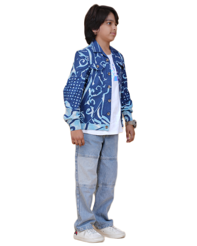 Boys cotton printed jacket in blue with denim-style stitching and Buddha face back design