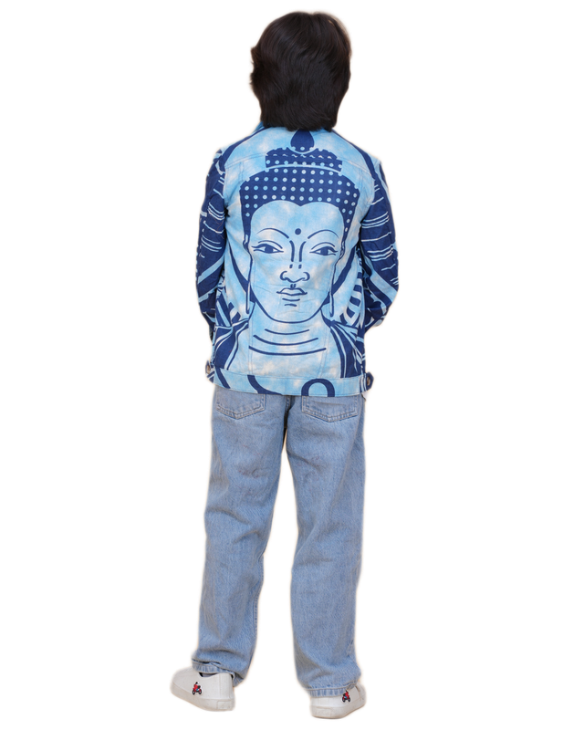 Boys cotton printed jacket in blue with denim-style stitching and Buddha face back design