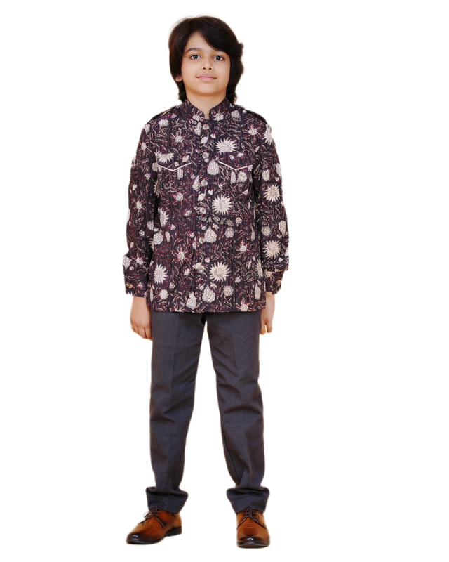 Boys' Floral Printed Shirt – Classic Black & White Eco-Friendly Cotton