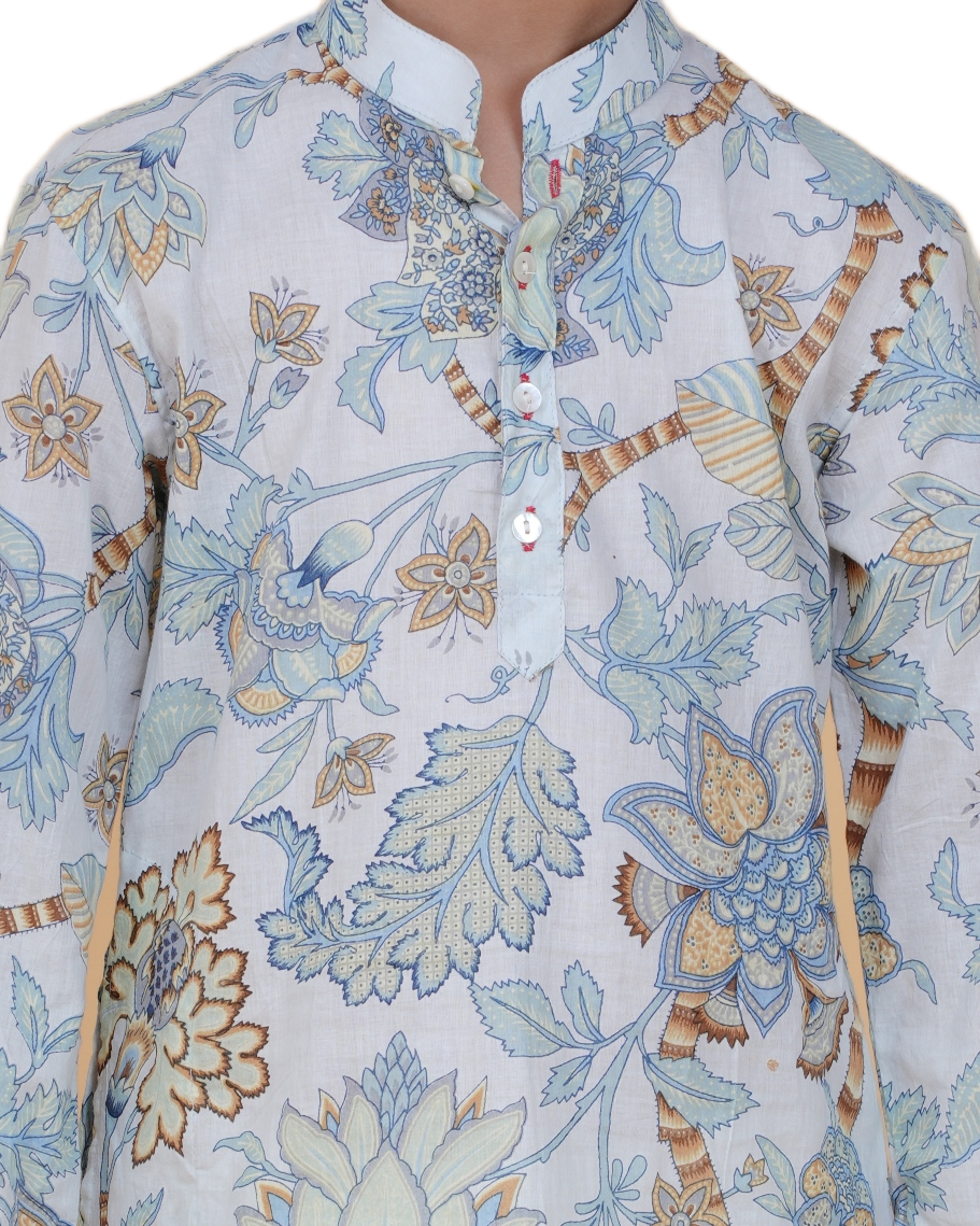 Boys' Floral Printed Cotton Kurta with White Pajama – Elegant Ethnic Wear for Festive & Casual Occasions