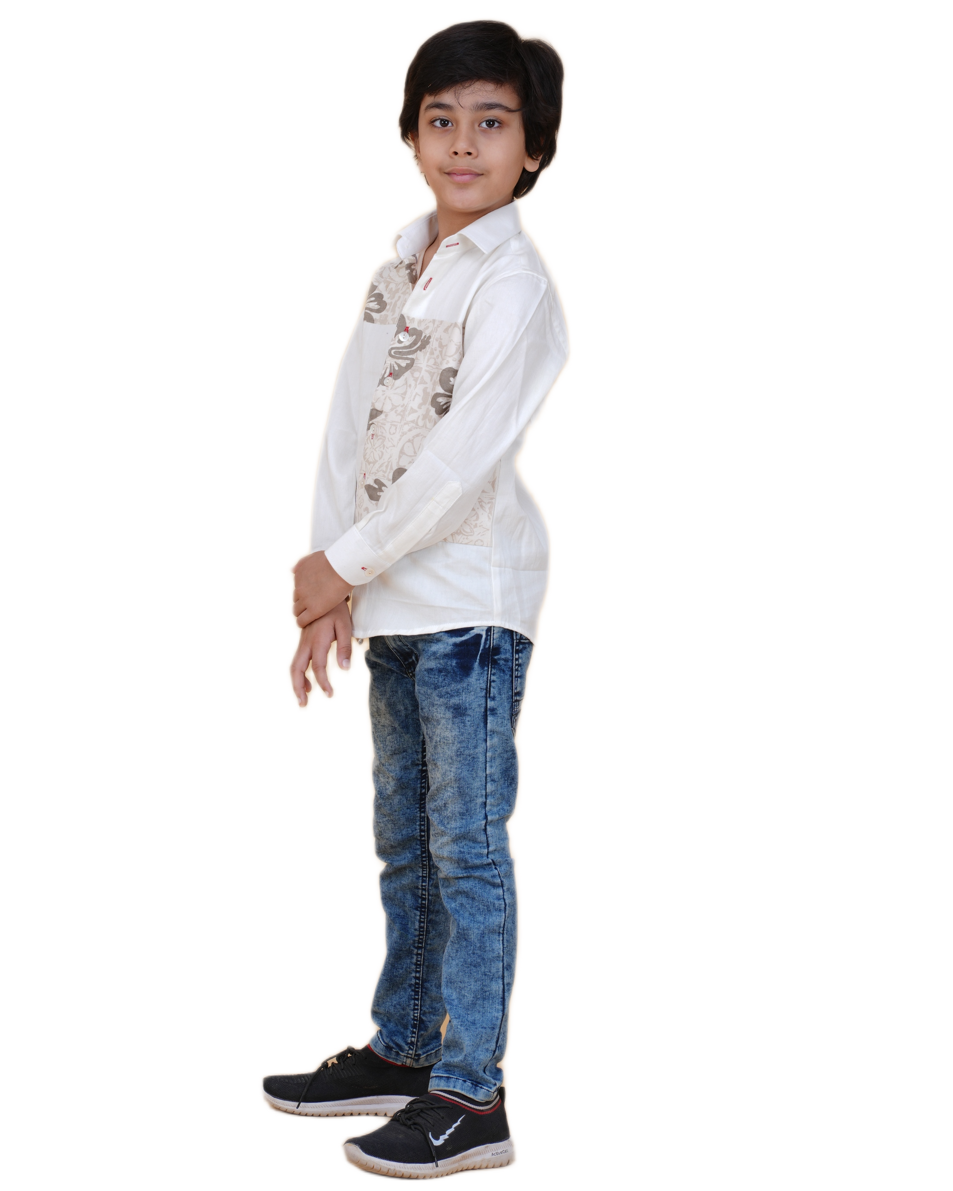 Boys' Soft Cotton White Shirt – Printed Patch Design for a Modern Look