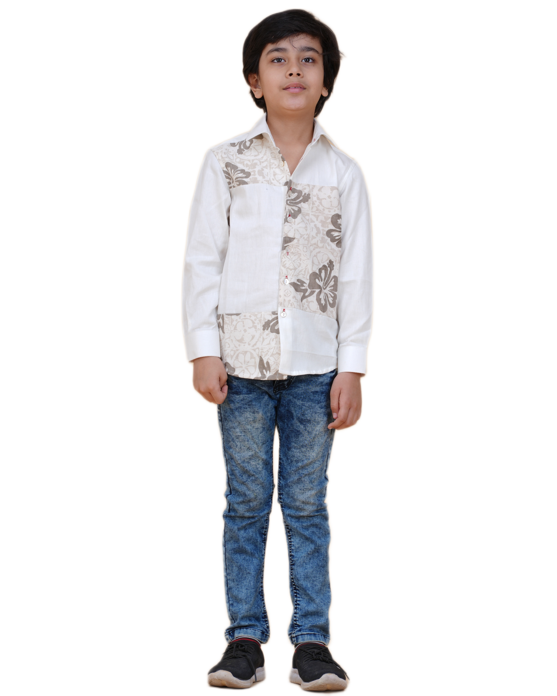 Boys' Soft Cotton White Shirt – Printed Patch Design for a Modern Look