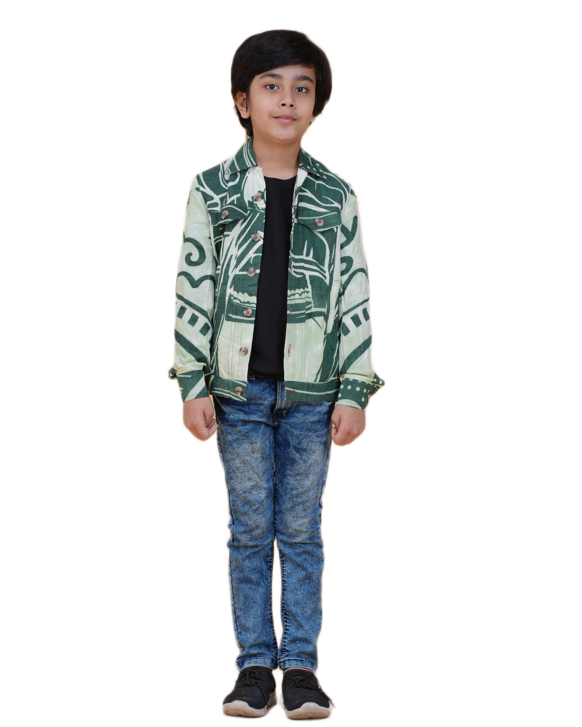 Boys Green Cotton Printed Jacket | Denim Style Stitching | Buddha Face Back Design