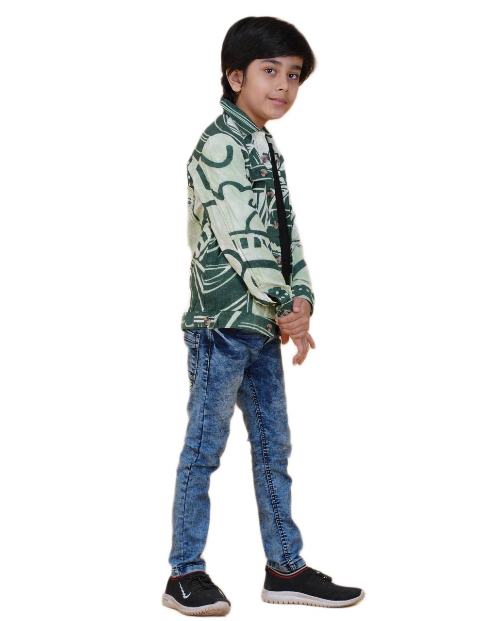 Boys Green Cotton Printed Jacket | Denim Style Stitching | Buddha Face Back Design