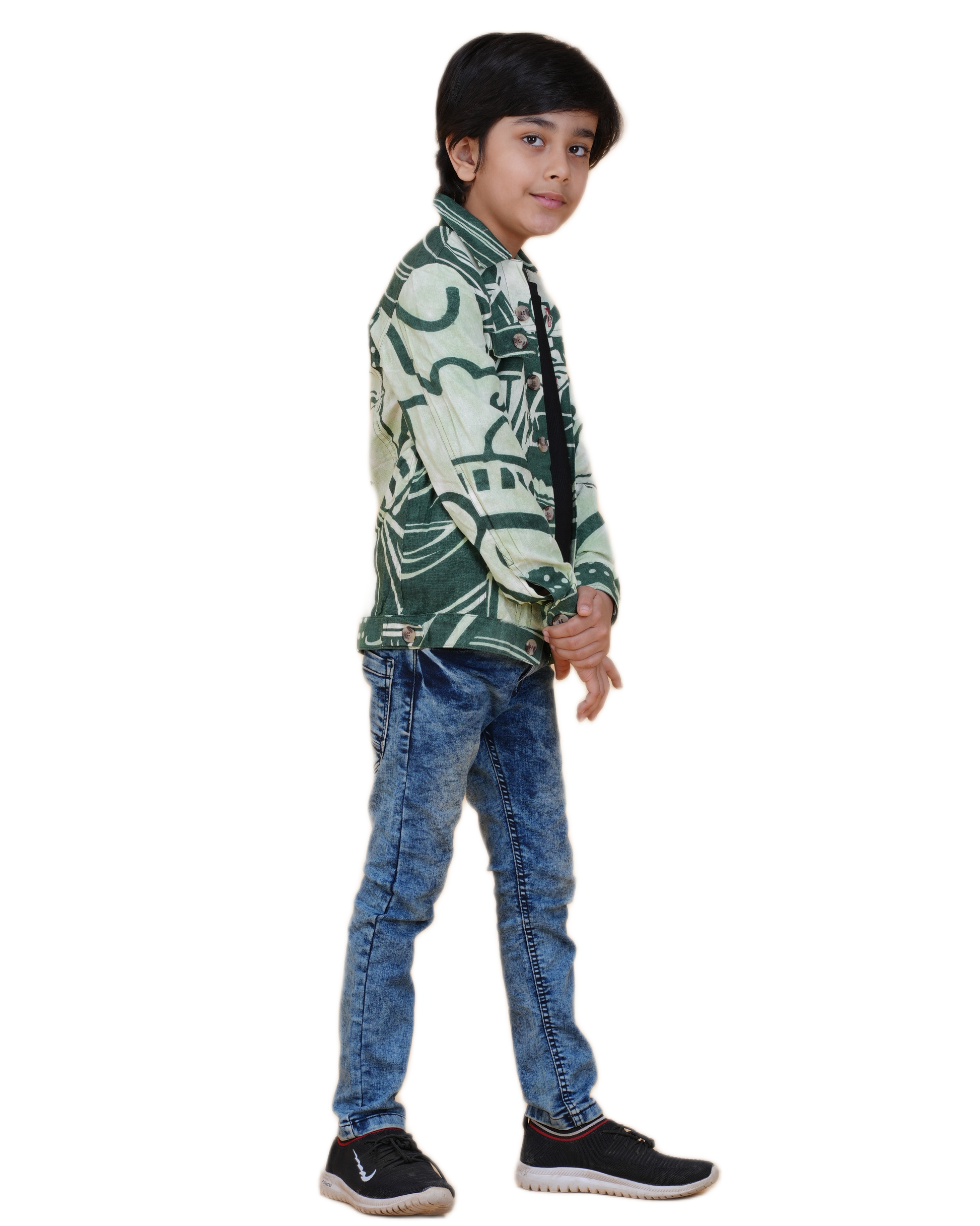 Boys Green Cotton Printed Jacket | Denim Style Stitching | Buddha Face Back Design