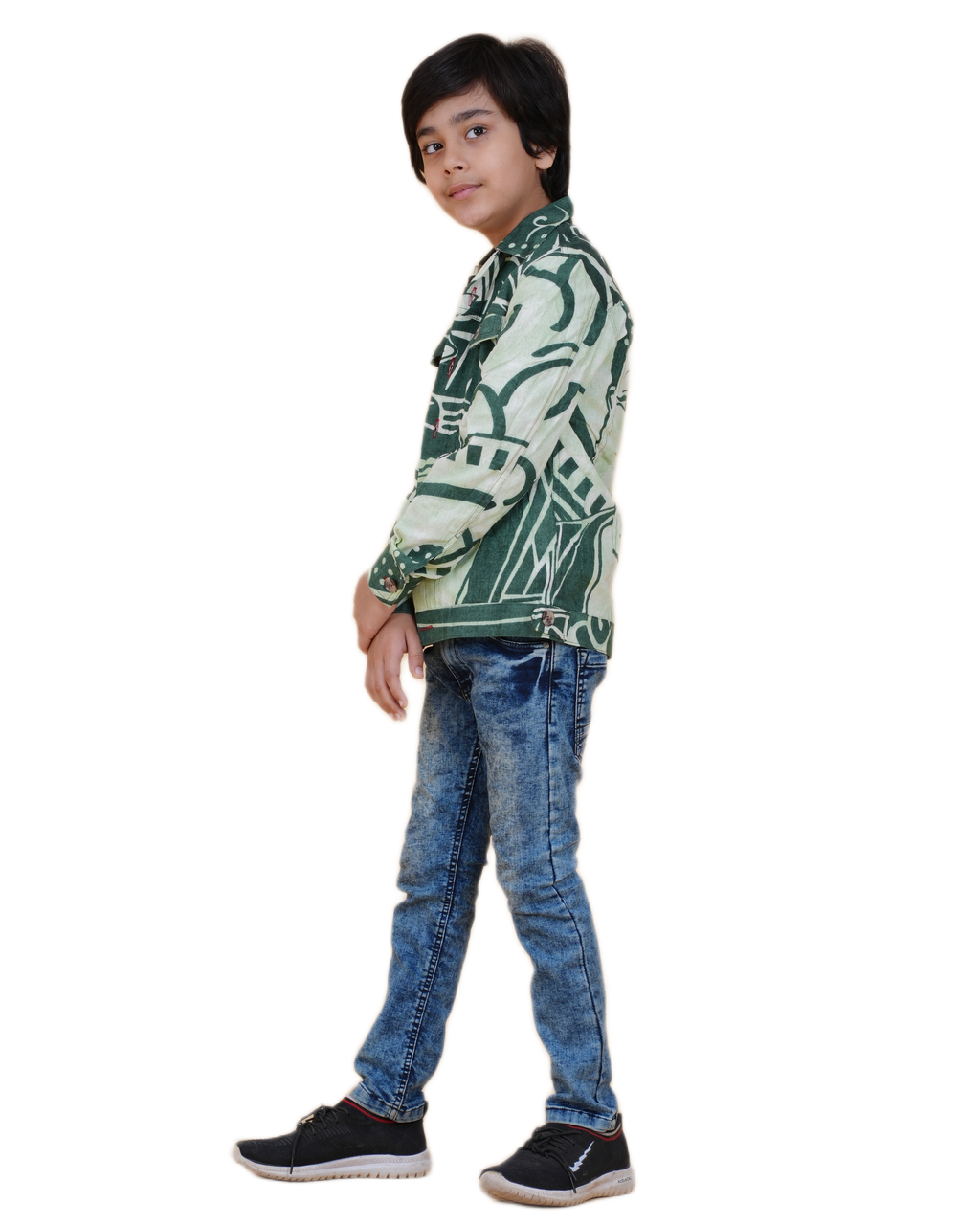 Boys Green Cotton Printed Jacket | Denim Style Stitching | Buddha Face Back Design