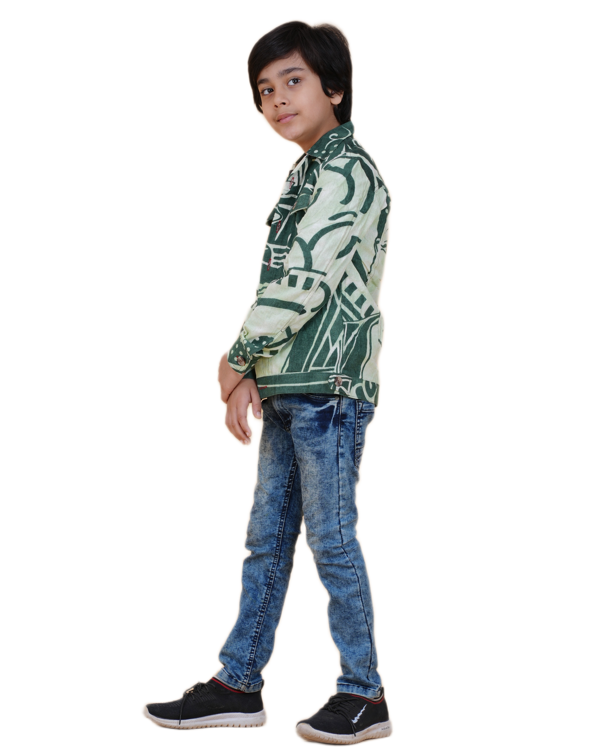 Boys Green Cotton Printed Jacket | Denim Style Stitching | Buddha Face Back Design