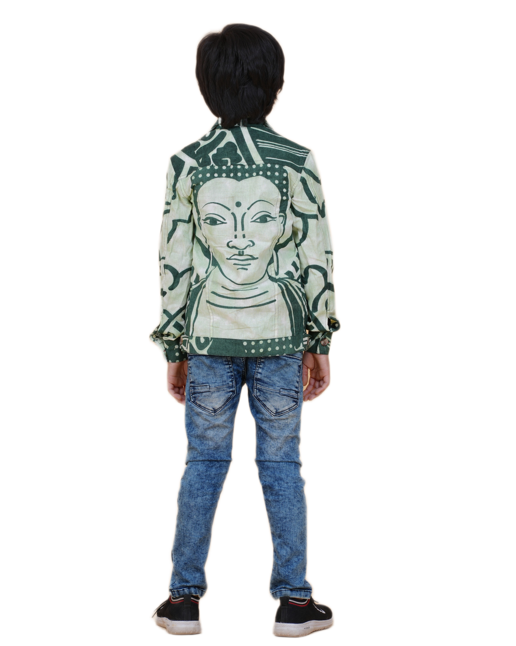 Boys Green Cotton Printed Jacket | Denim Style Stitching | Buddha Face Back Design