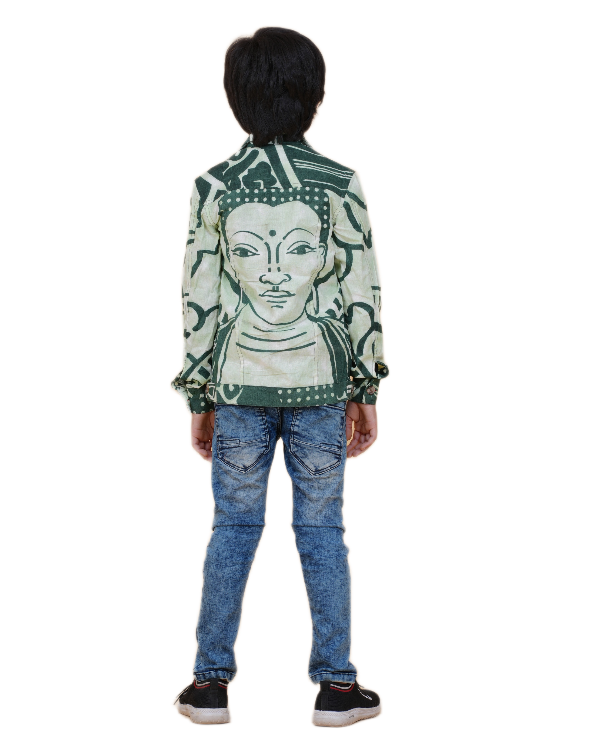Boys Green Cotton Printed Jacket | Denim Style Stitching | Buddha Face Back Design