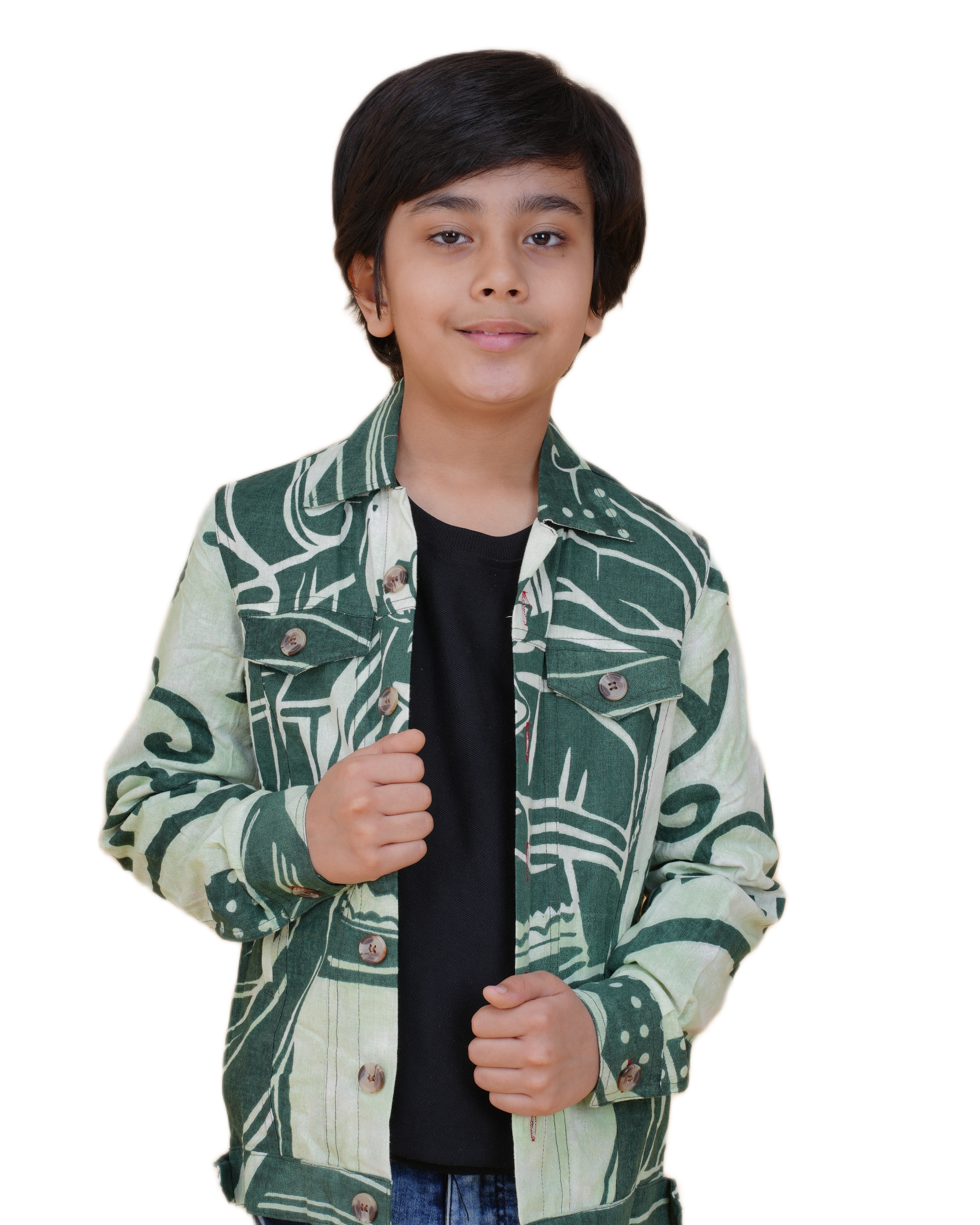 Boys Green Cotton Printed Jacket | Denim Style Stitching | Buddha Face Back Design