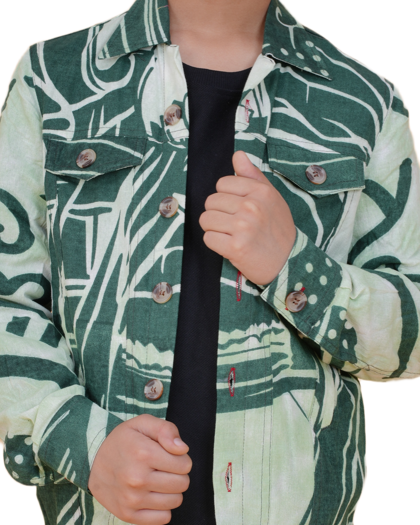 Boys Green Cotton Printed Jacket | Denim Style Stitching | Buddha Face Back Design