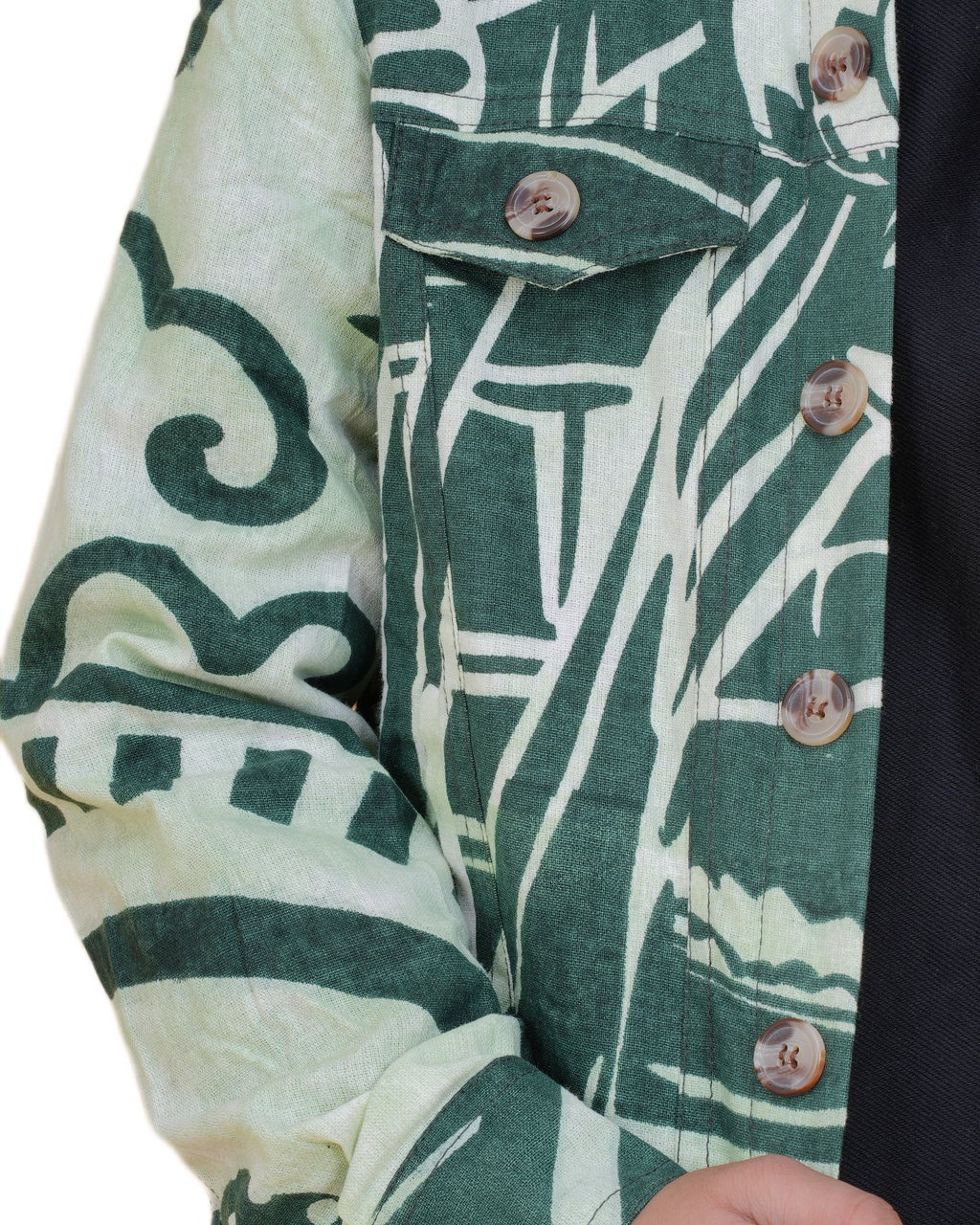 Boys Green Cotton Printed Jacket | Denim Style Stitching | Buddha Face Back Design