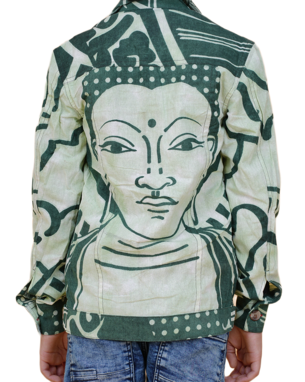 Boys Green Cotton Printed Jacket | Denim Style Stitching | Buddha Face Back Design