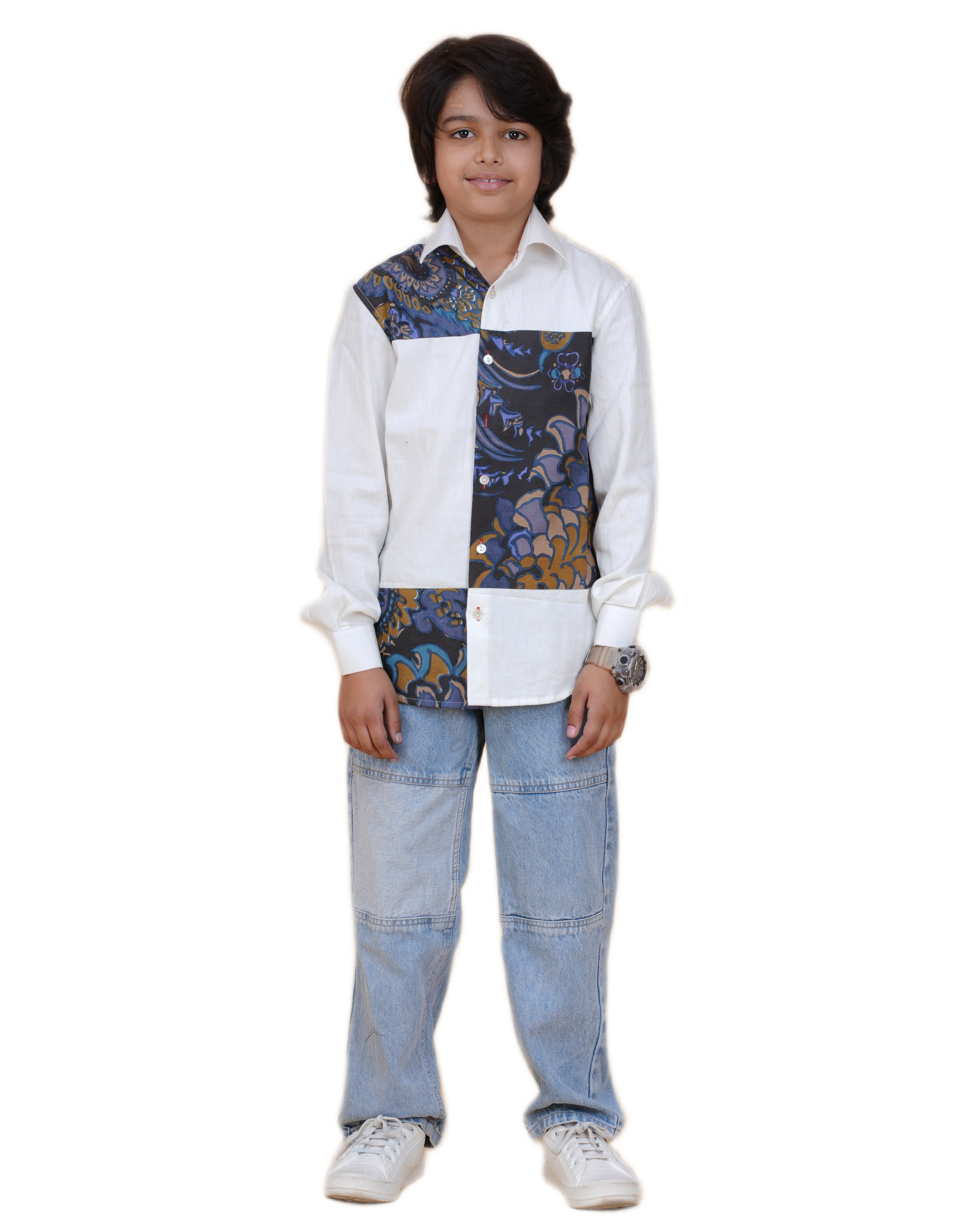 Trendy Boys' White Cotton Shirt with Printed Patch – Stylish & Comfortable