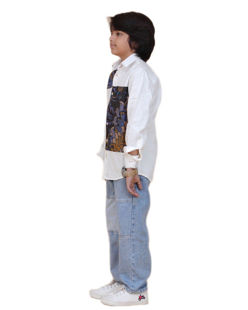 Trendy Boys' White Cotton Shirt with Printed Patch – Stylish & Comfortable