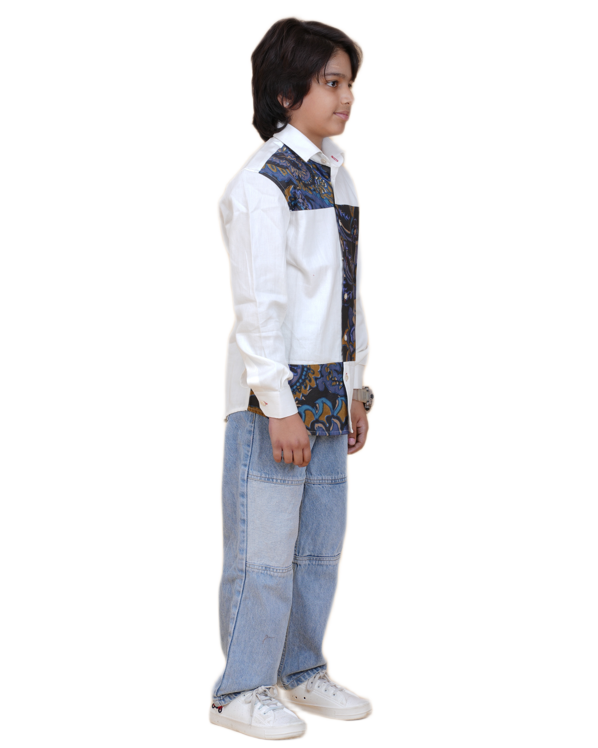 Trendy Boys' White Cotton Shirt with Printed Patch – Stylish & Comfortable