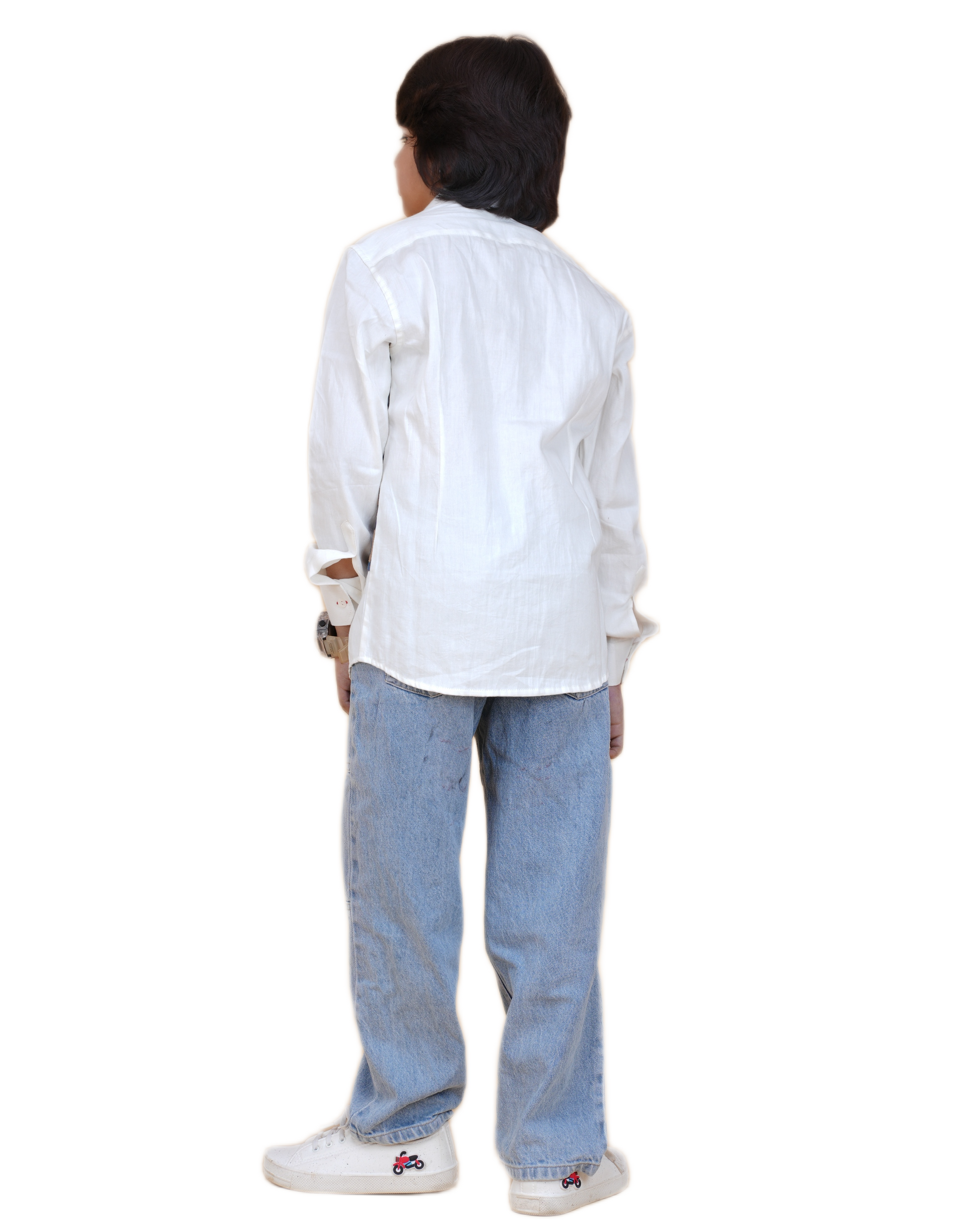 Trendy Boys' White Cotton Shirt with Printed Patch – Stylish & Comfortable