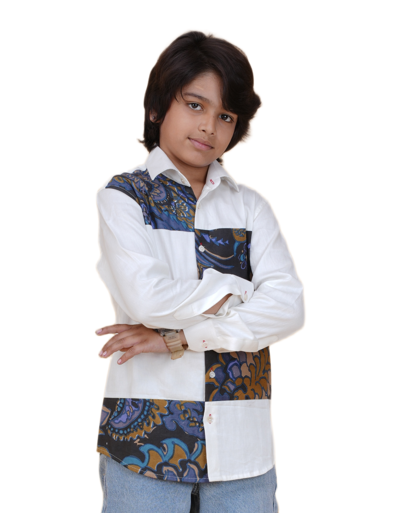 Trendy Boys' White Cotton Shirt with Printed Patch – Stylish & Comfortable