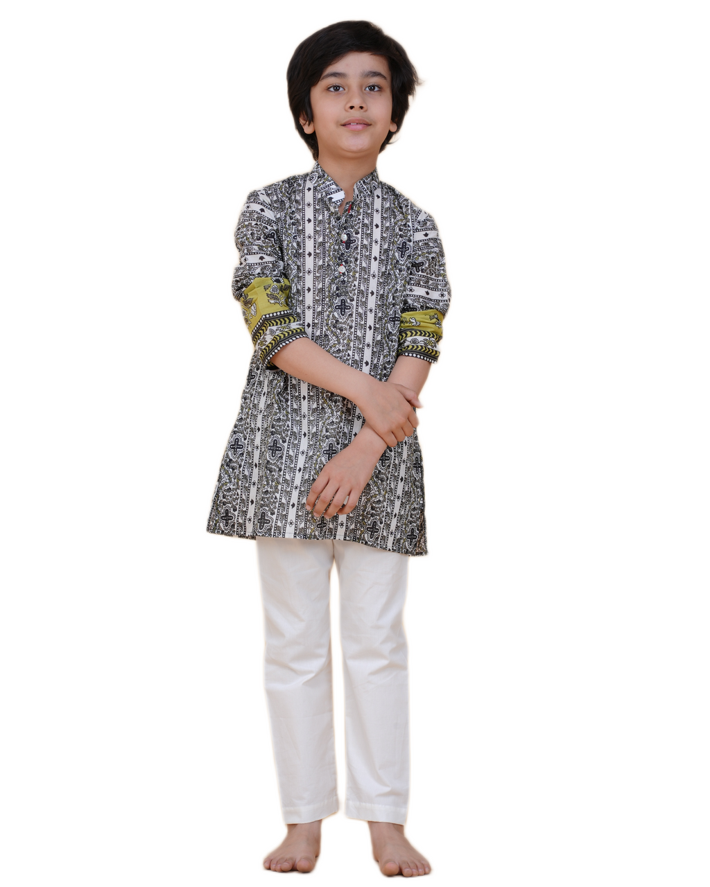 Stylish Border Design Printed Cotton Kurta with White Pajama Set for Boys