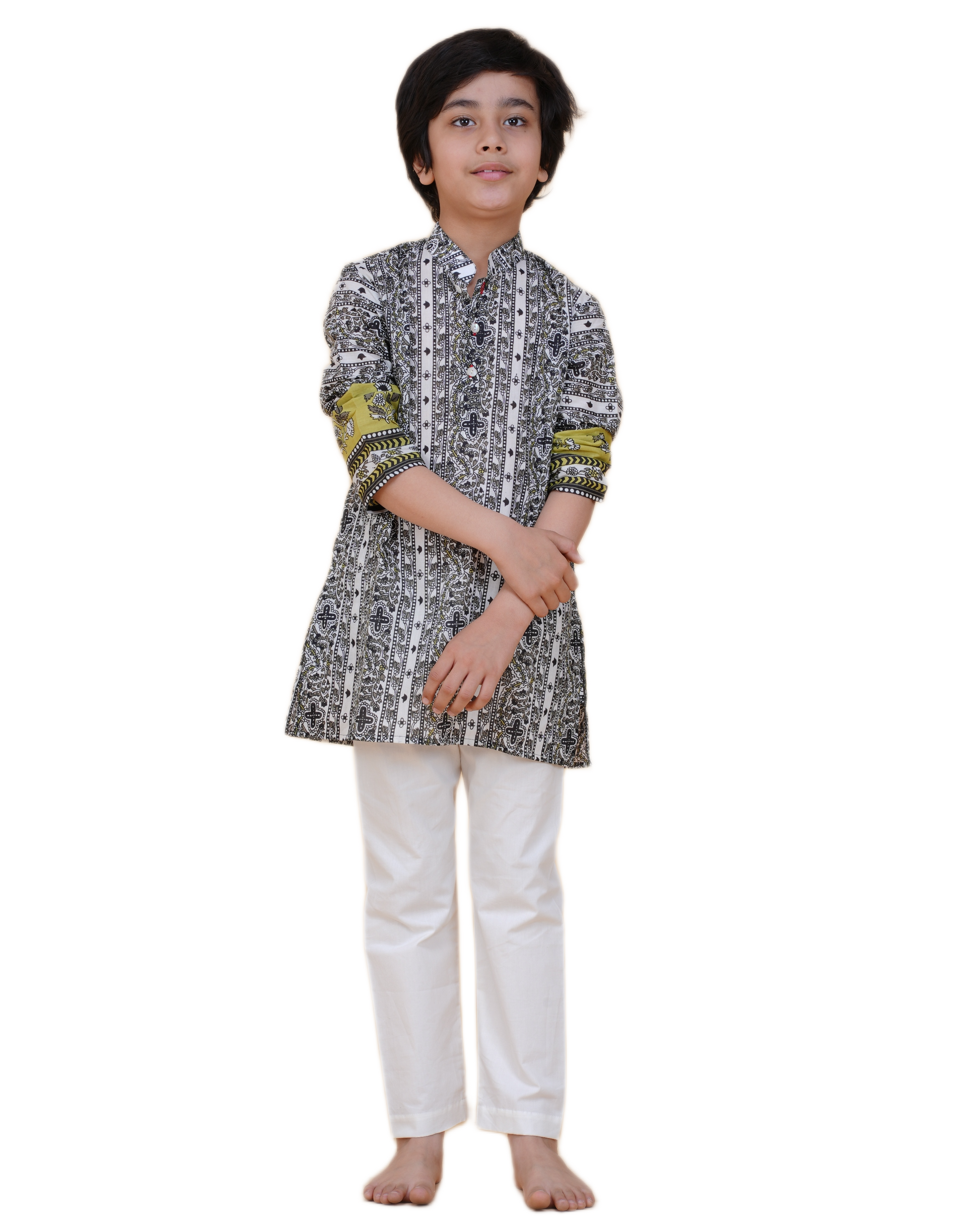Stylish Border Design Printed Cotton Kurta with White Pajama Set for Boys