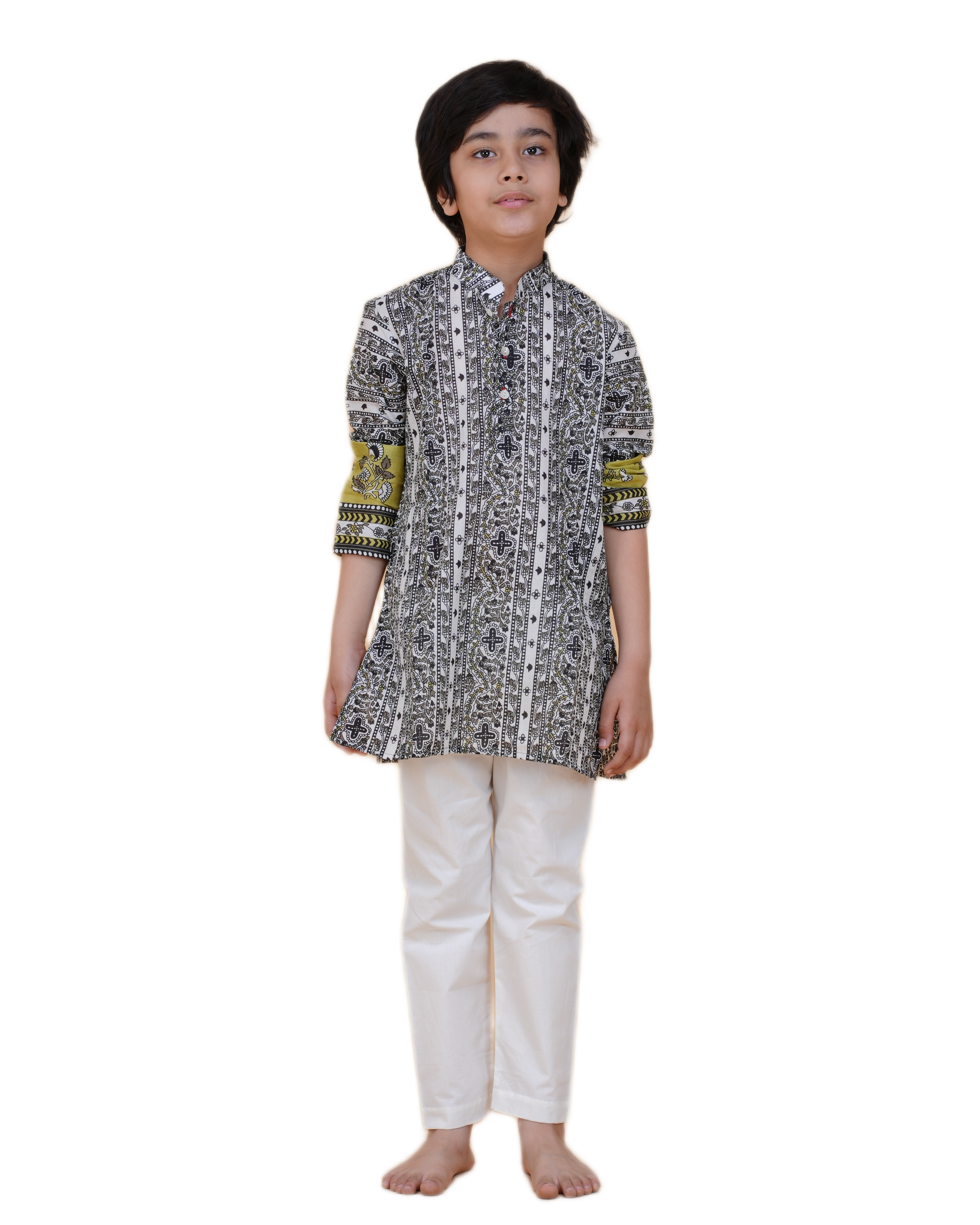 Stylish Border Design Printed Cotton Kurta with White Pajama Set for Boys