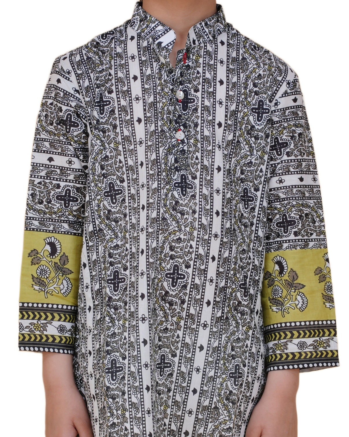 Stylish Border Design Printed Cotton Kurta with White Pajama Set for Boys