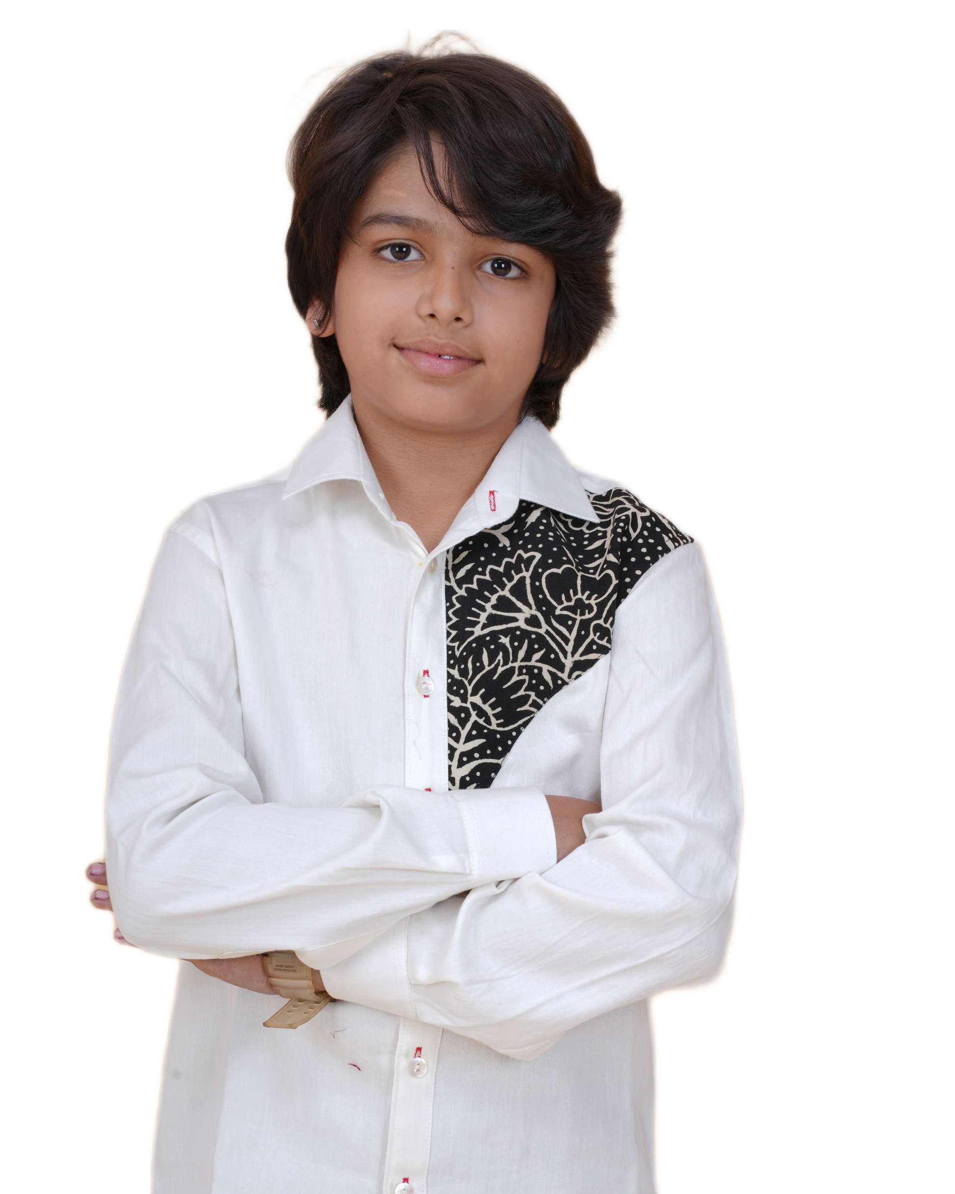 Fashionable White Cotton Shirt for Boys – Stylish Patch Print (Ages 5-12 Years)