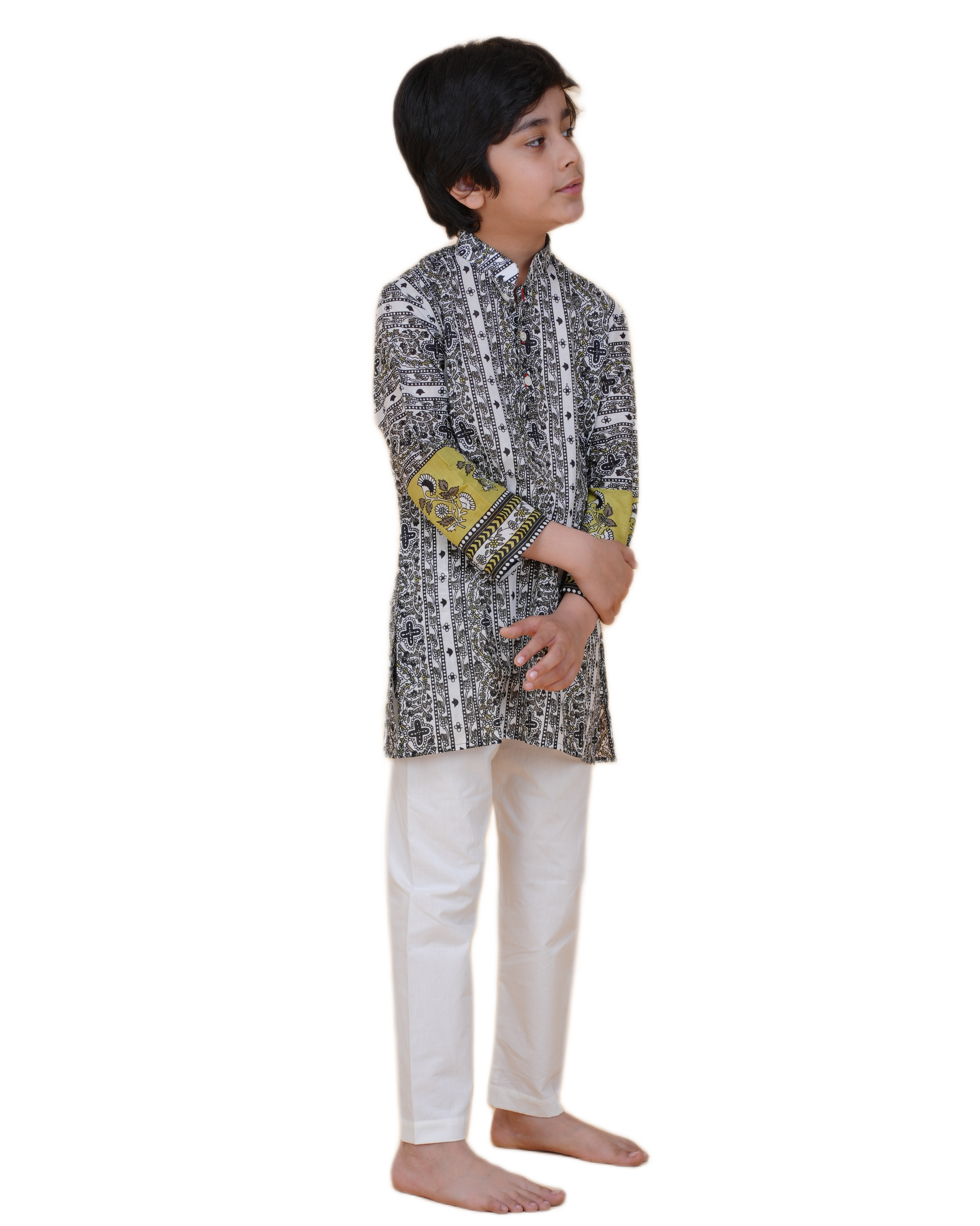 Stylish Border Design Printed Cotton Kurta with White Pajama Set for Boys