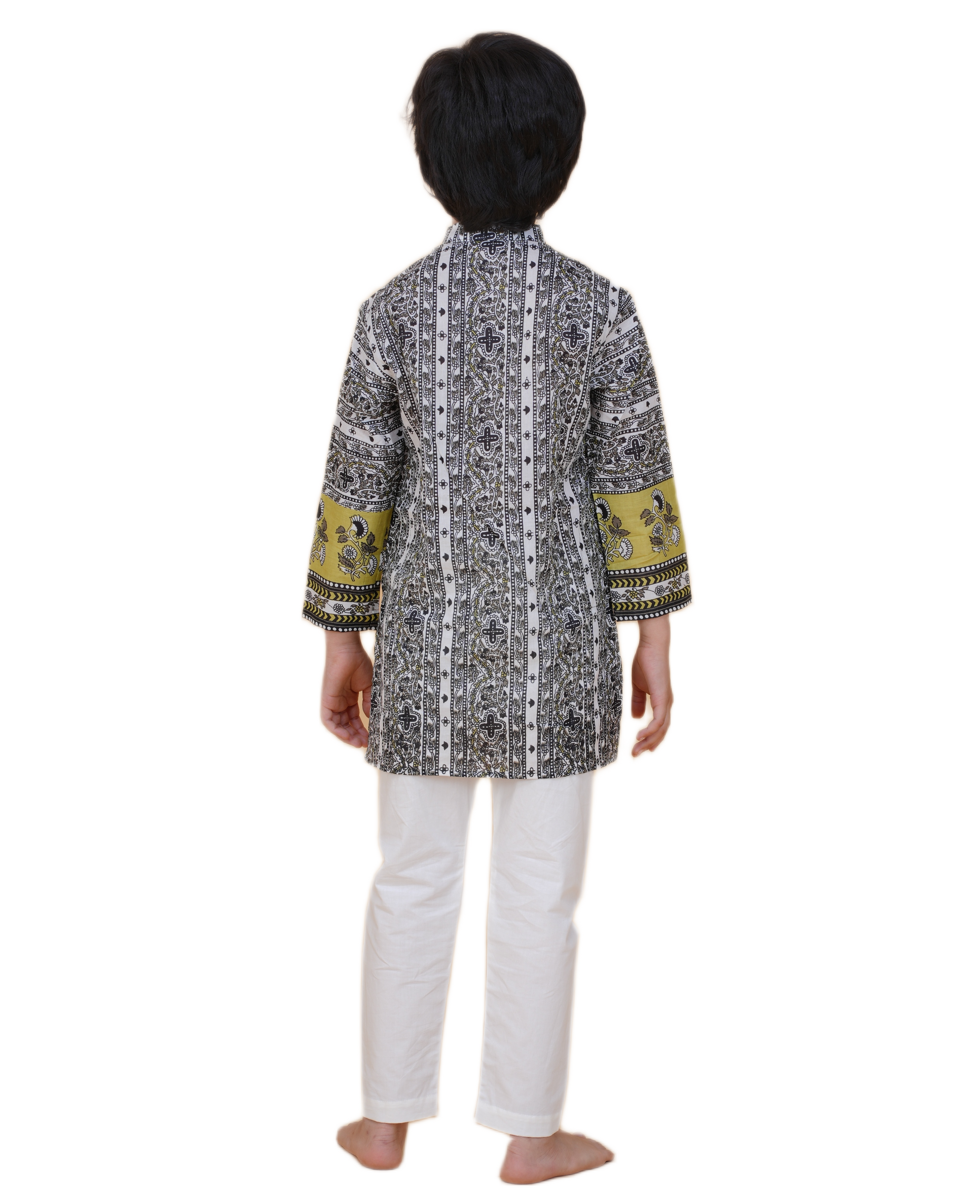 Stylish Border Design Printed Cotton Kurta with White Pajama Set for Boys
