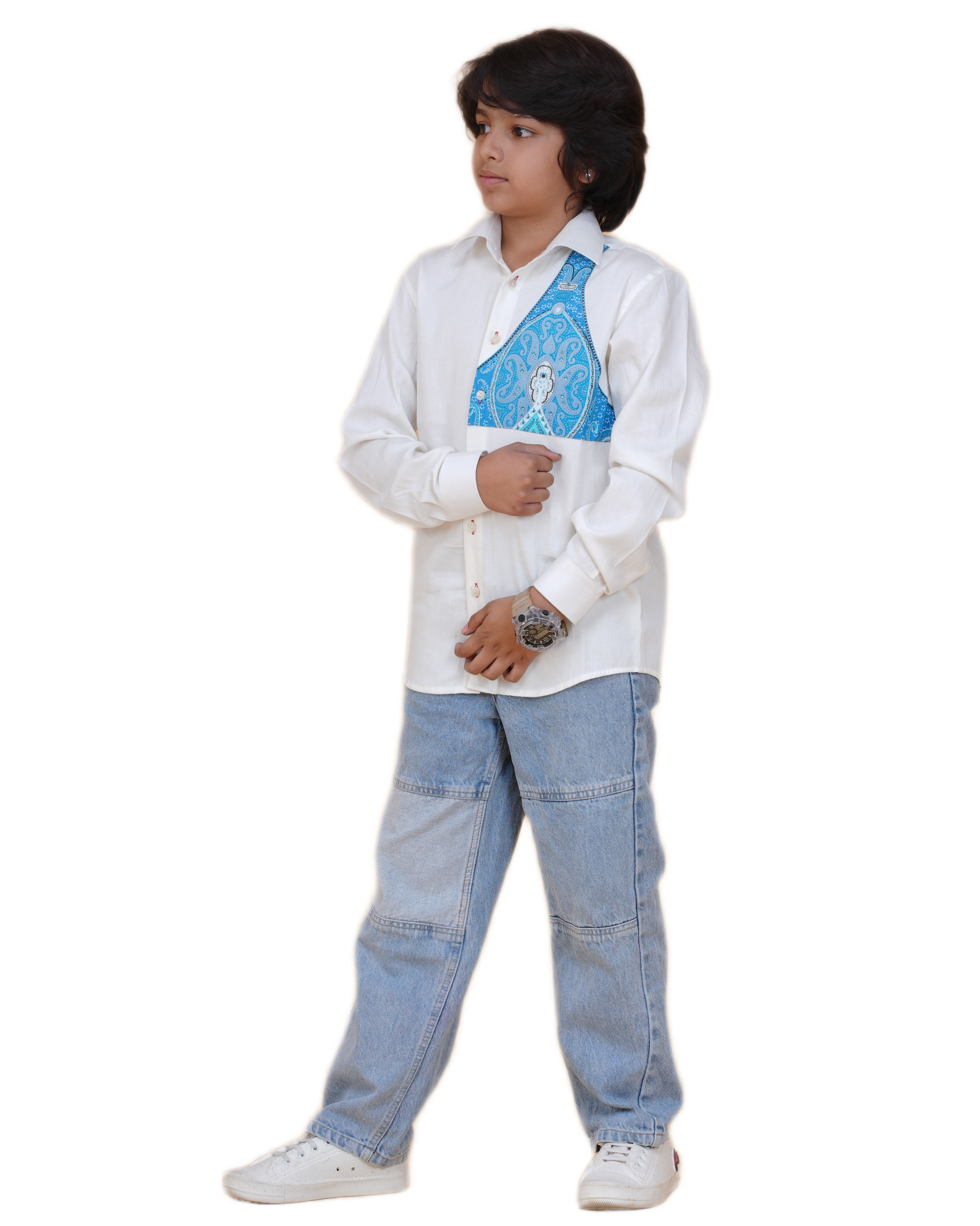 Boys' Soft Cotton White Shirt – Printed Patch Design for a Modern Look