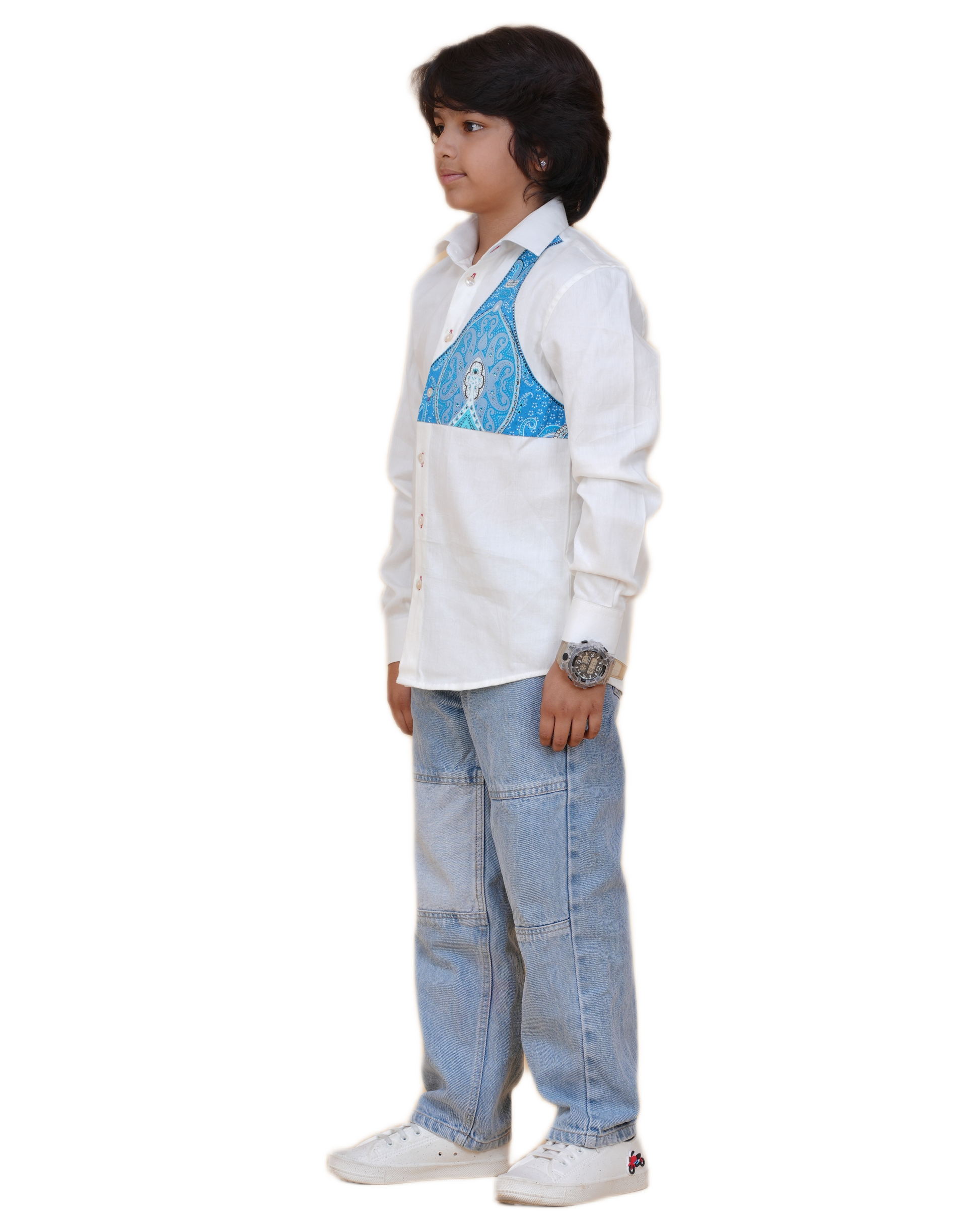 Boys' Soft Cotton White Shirt – Printed Patch Design for a Modern Look
