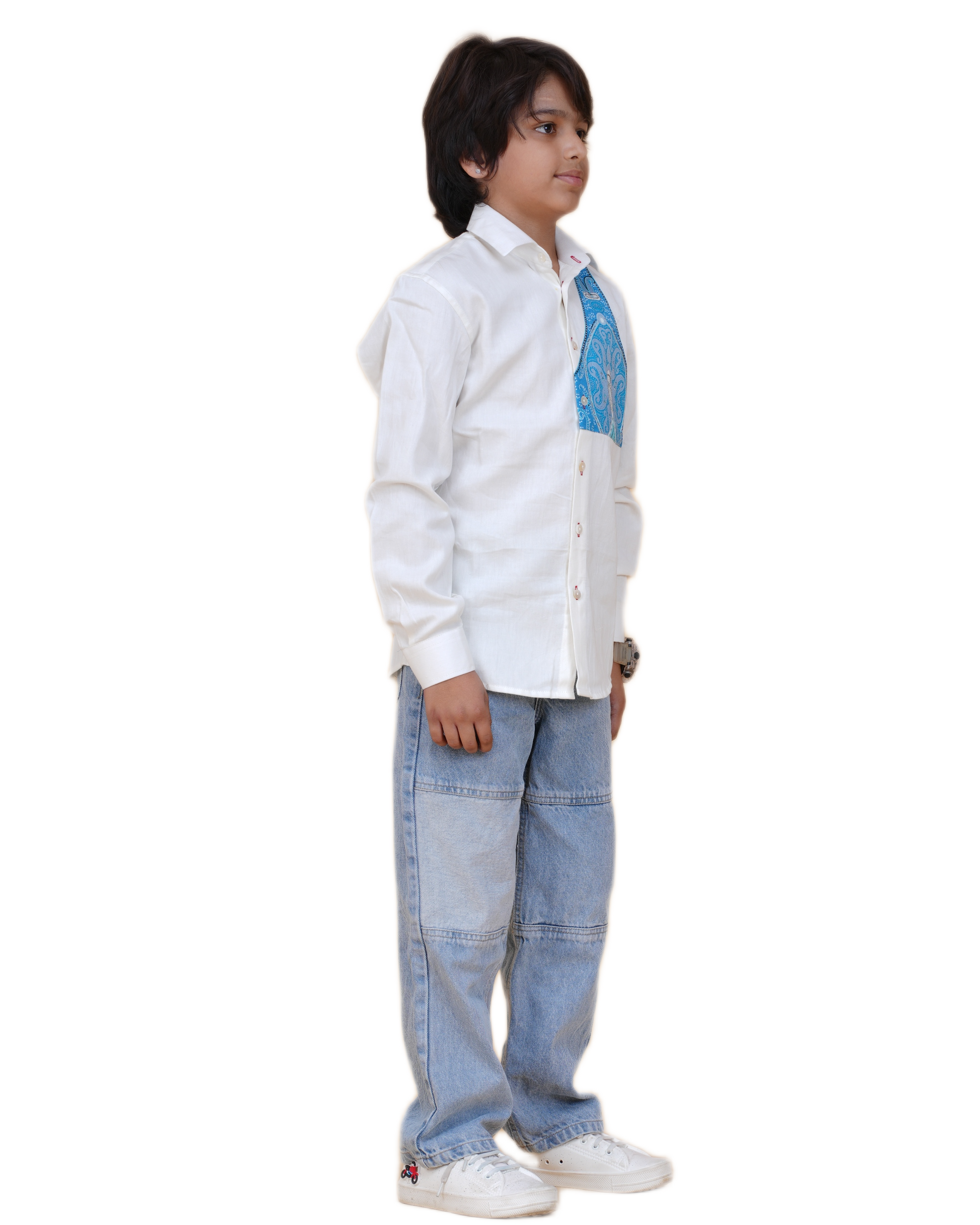 Boys' Soft Cotton White Shirt – Printed Patch Design for a Modern Look