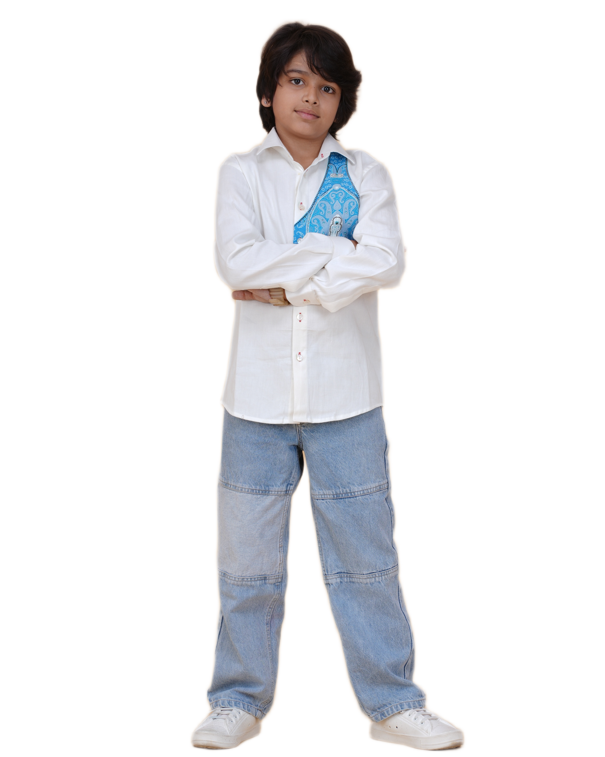Boys' Soft Cotton White Shirt – Printed Patch Design for a Modern Look