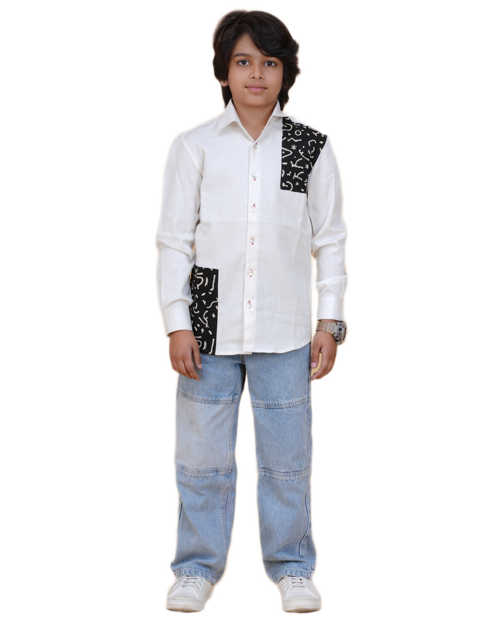 Trendy Boys' White Cotton Shirt with Printed Patch – Stylish & Comfortable