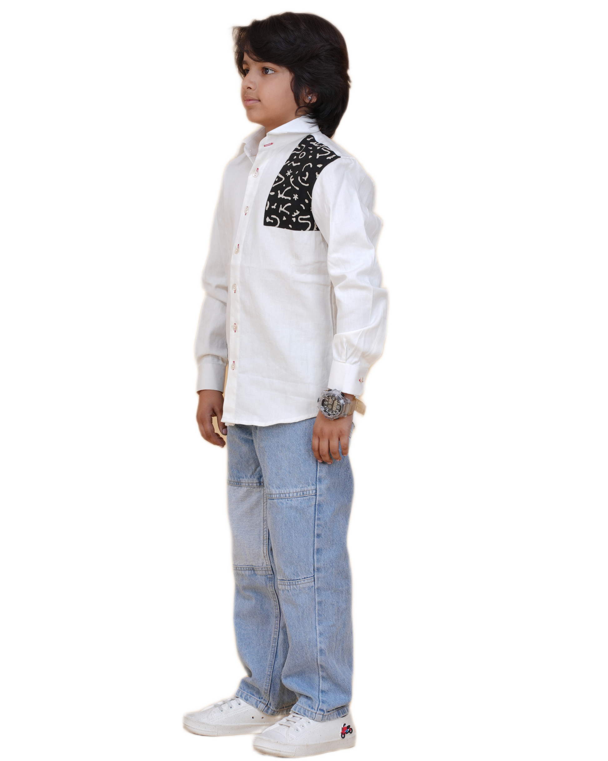 Trendy Boys' White Cotton Shirt with Printed Patch – Stylish & Comfortable
